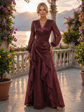 A-Line/Princess V-Neck Glitter Maxi Mother of the Bride & Groom Dresses with Ruffles & Ruched Waist (SHI22501672)