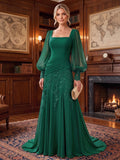 A-Line/Princess Square Neck Chiffon Floor-Length Mother of the Bride & Groom Dresses with Lace Appliques & Pleats (SHI22501677)