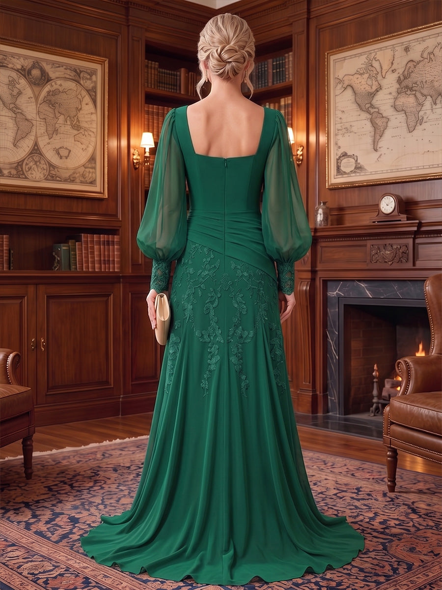 A-Line/Princess Square Neck Chiffon Floor-Length Mother of the Bride & Groom Dresses with Lace Appliques & Pleats (SHI22501677)
