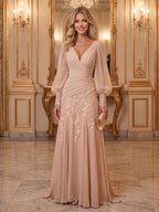 Chiffon Sheath/Column V-Neck Floor-Length Mother of the Bride & Groom Dresses with Lace Embroidery Bodice & Ruched Waist (SHI22501510)