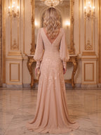 Chiffon Sheath/Column V-Neck Floor-Length Mother of the Bride & Groom Dresses with Lace Embroidery Bodice & Ruched Waist (SHI22501510)