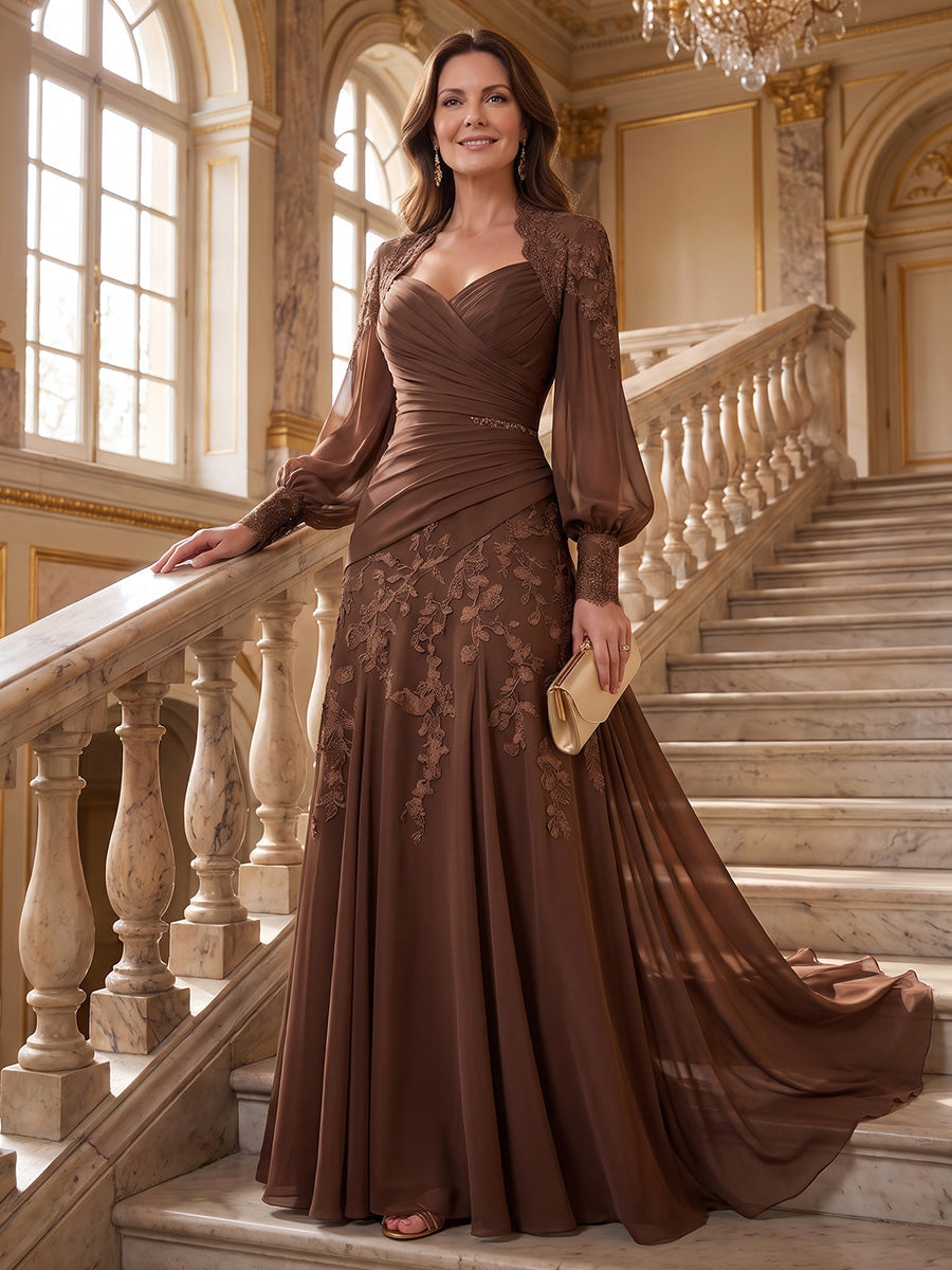 A-Line/Princess V-Neck Lace Appliques Floor-Length Mother of the Bride & Groom Dresses with Sweep Train & Pleats (SHI22501681)