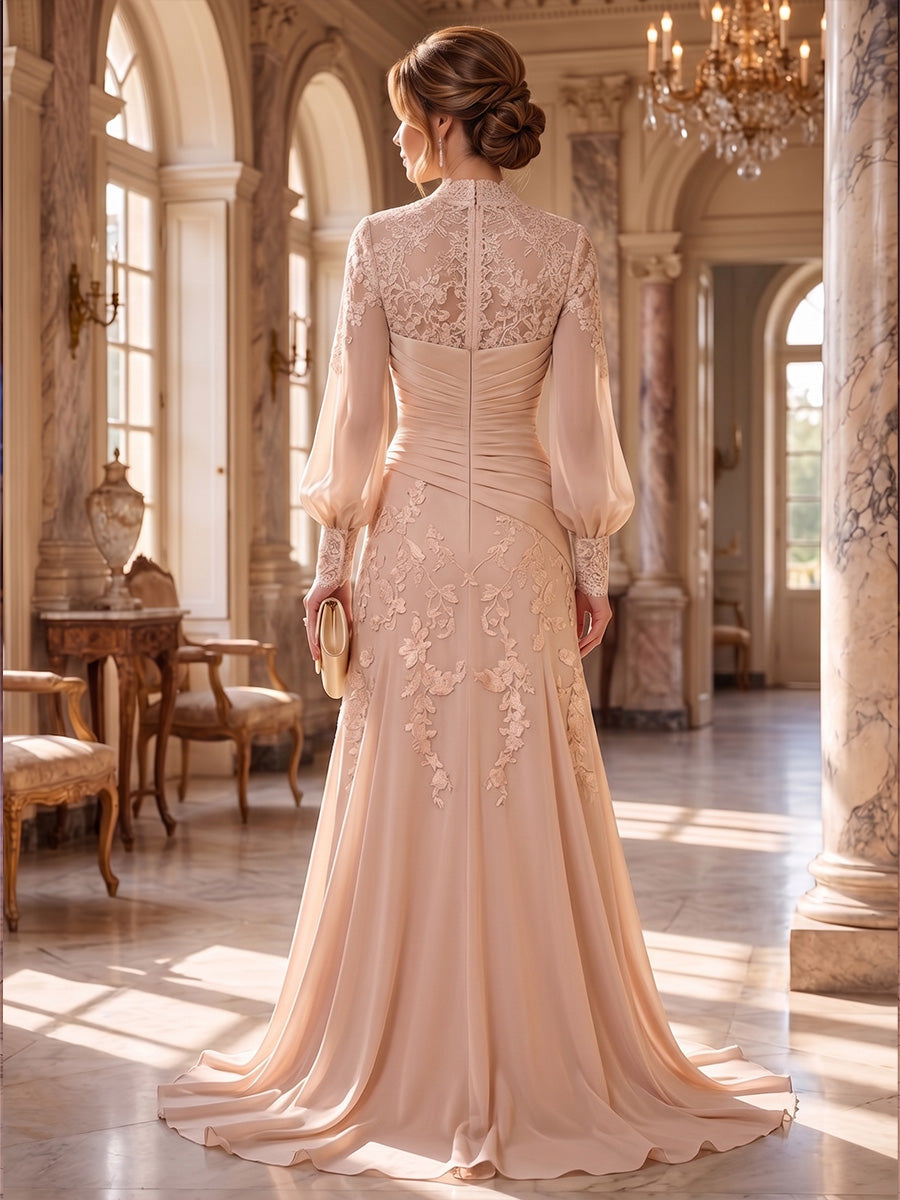 A-Line/Princess V-Neck Lace Appliques Floor-Length Mother of the Bride & Groom Dresses with Sweep Train & Pleats (SHI22501681)