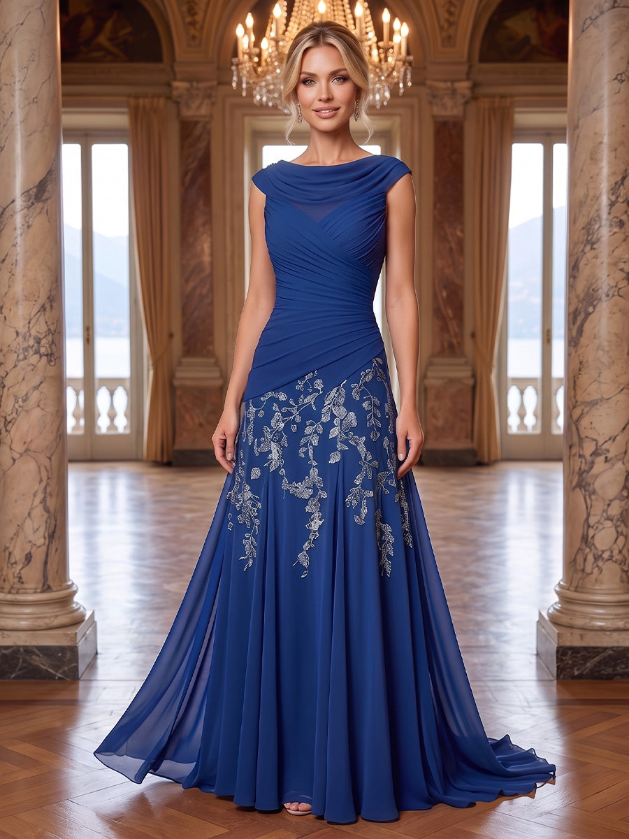 A-Line/Princess Cowl Neck Chiffon Floor-Length Mother of the Bride & Groom Dresses with Lace Appliques & Pleats (SHI22501682)