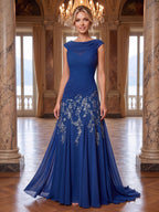 A-Line/Princess Cowl Neck Chiffon Floor-Length Mother of the Bride & Groom Dresses with Lace Appliques & Pleats (SHI22501682)