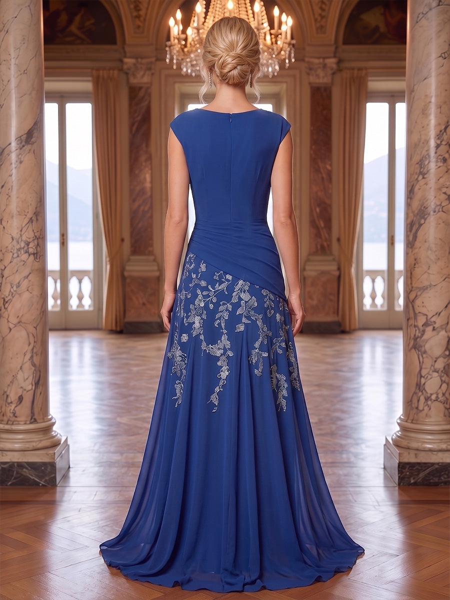 A-Line/Princess Cowl Neck Chiffon Floor-Length Mother of the Bride & Groom Dresses with Lace Appliques & Pleats (SHI22501682)