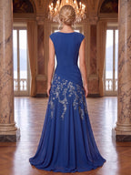 A-Line/Princess Cowl Neck Chiffon Floor-Length Mother of the Bride & Groom Dresses with Lace Appliques & Pleats (SHI22501682)