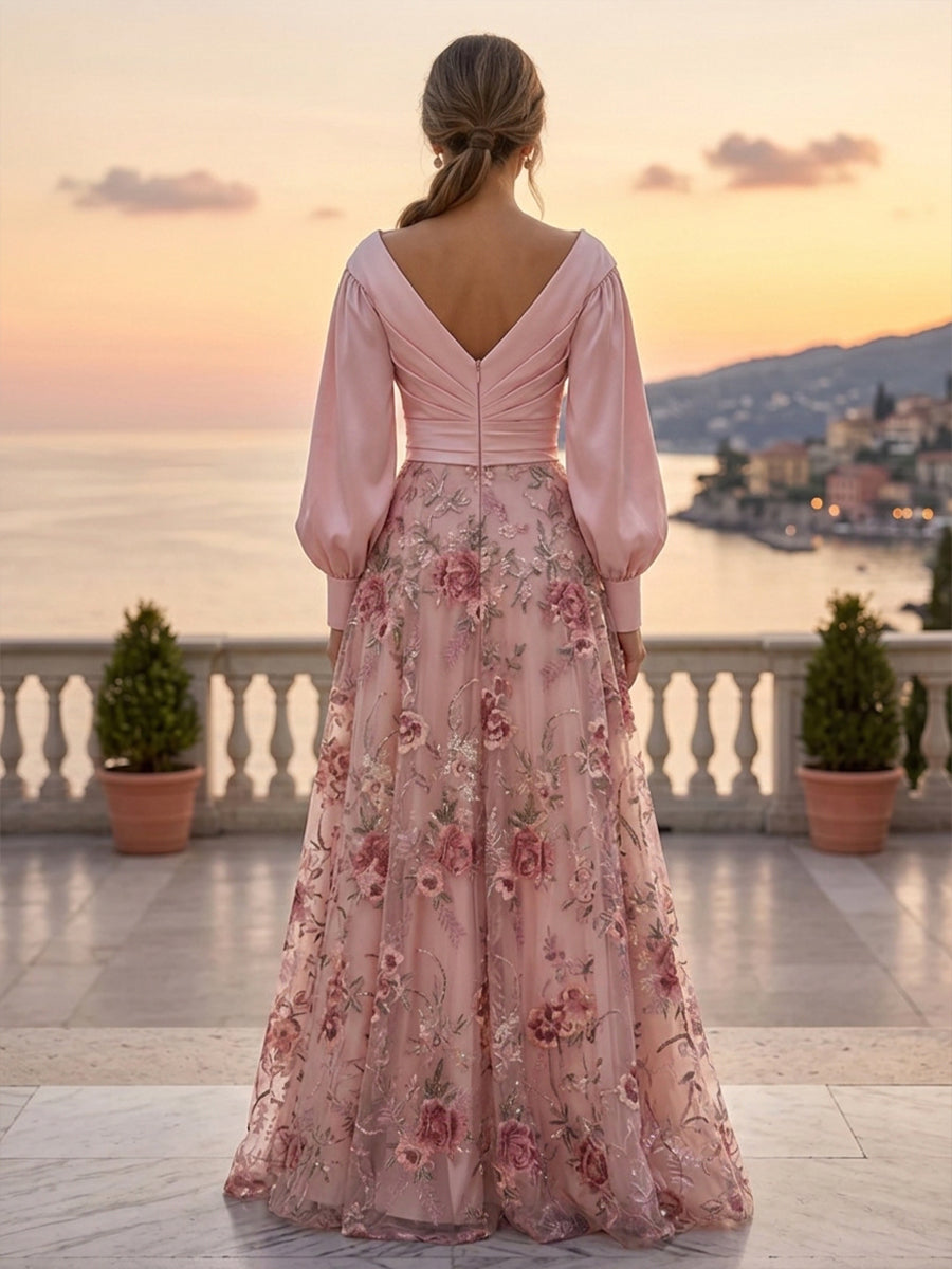 A-Line/Princess V-Neck Floral Embroidery Floor-Length Mother of the Bride & Groom Dresses with Ruched Satin Bodice (SHI22501691)