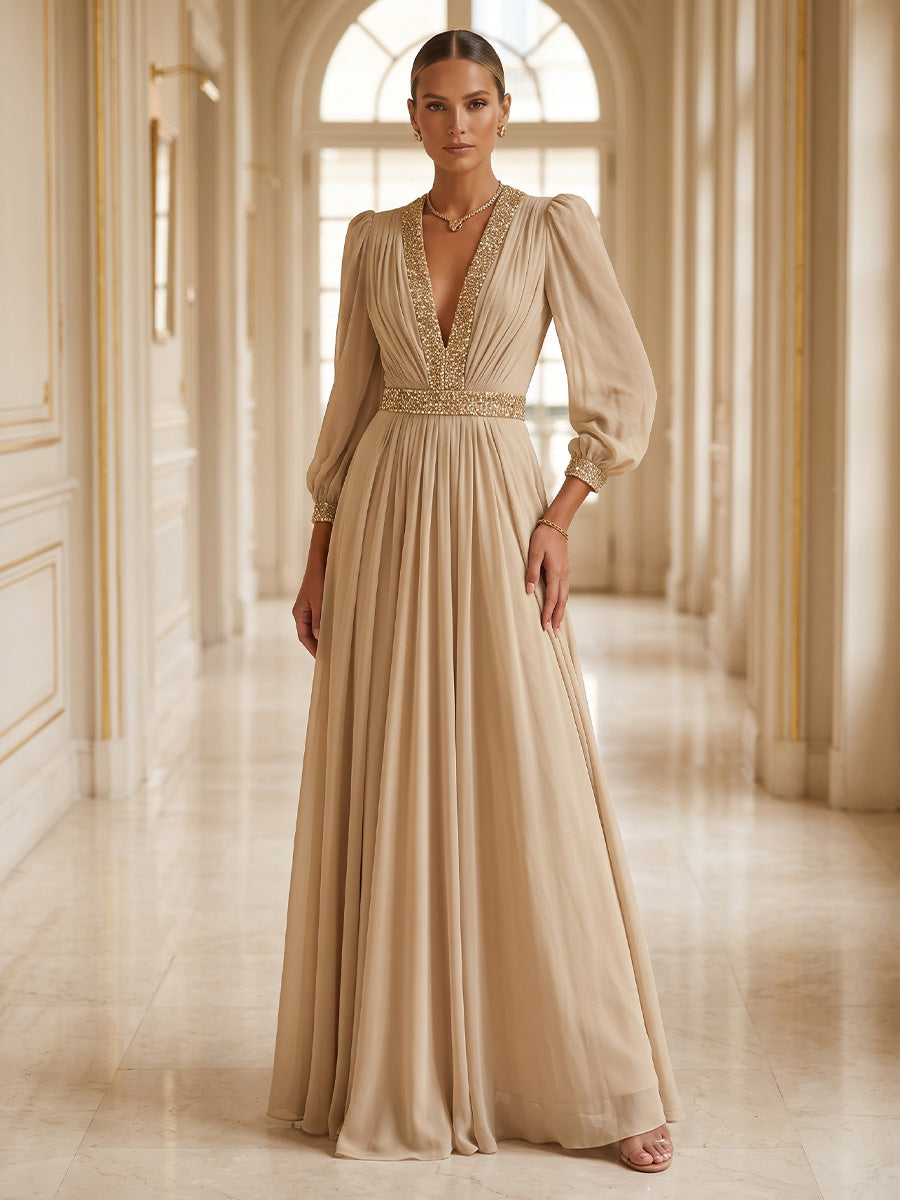 A-Line/Princess V-Neck Chiffon Maxi Mother of the Bride & Groom Dresses with Rhinestones & Pleats (SHI22501693)