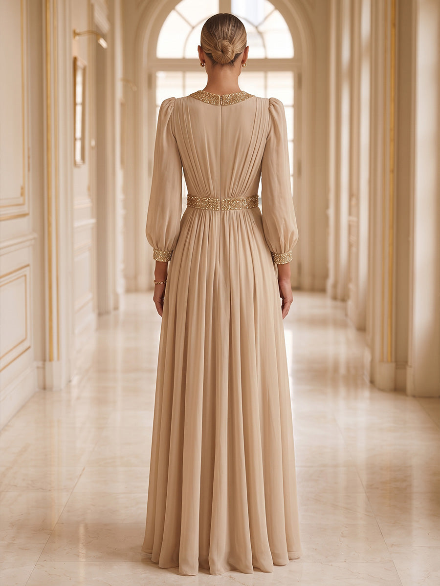 A-Line/Princess V-Neck Chiffon Maxi Mother of the Bride & Groom Dresses with Rhinestones & Pleats (SHI22501693)