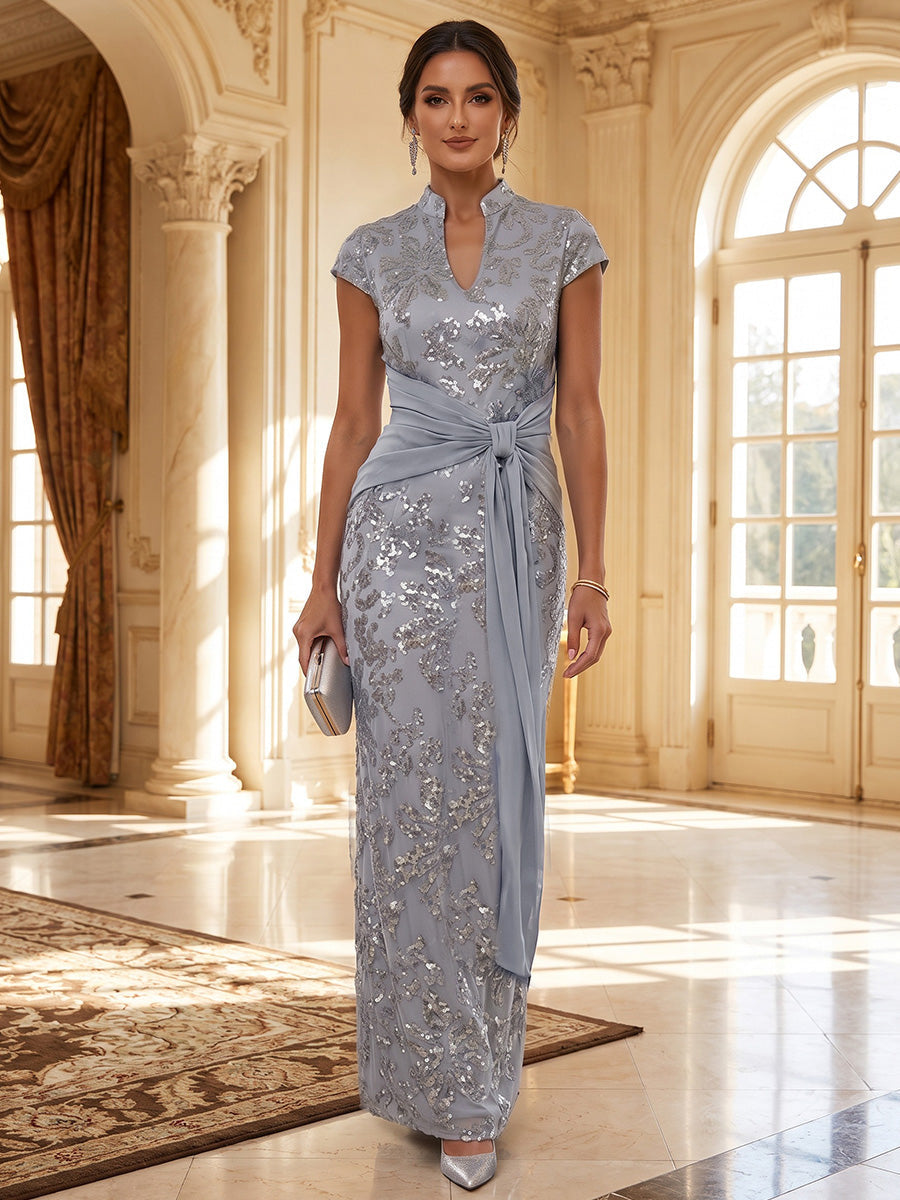 Sheath/Column V-Neck Sequin Maxi Mother of the Bride & Groom Dresses with Ruched Waist & Side Sash (SHI22501697)