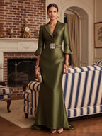 A-Line/Princess V-Neck Jacquard Floor-Length Mother of the Bride & Groom Dresses with Ruched Waist (SHI22501580)