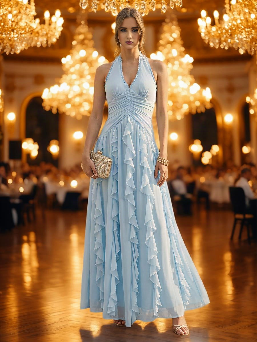 Chiffon A-Line/Princess Halter Floor-Length Formal Dresses with Ruffles (ZD17546)