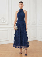 A-Line/Princess Halter Lace Appliques Tea-Length Mother of the Bride & Groom Dresses with 3D Flowers & Ruched Waist (SHI23001321)