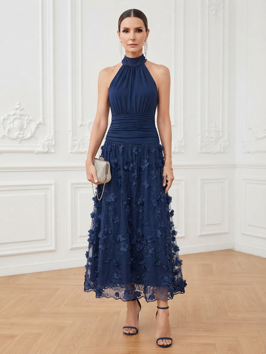 A-Line/Princess Halter Lace Appliques Tea-Length Mother of the Bride & Groom Dresses with 3D Flowers & Ruched Waist (SHI23001321)