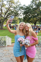 Sequin Bodycon Strapless Short Homecoming Dresses with Corset & Ruched Waist (SHI24200411)