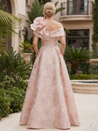 A-Line/Princess Off Shoulder Satin Floor-Length Mother of the Bride & Groom Dresses with 3D Flowers & Sweep Train (SHI22501552)