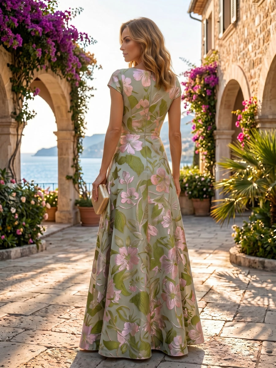 Floral Print A-Line/Princess V-Neck Floor-Length Mother of the Bride & Groom Dresses with Tiered Layers & Ruffles (SHI22501166)