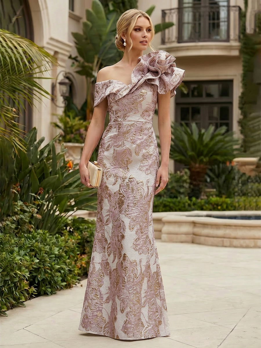 Sheath Floral Jacquard Off Shoulder Mother of the Bride & Groom Dresses with Flower (SHI22500777)
