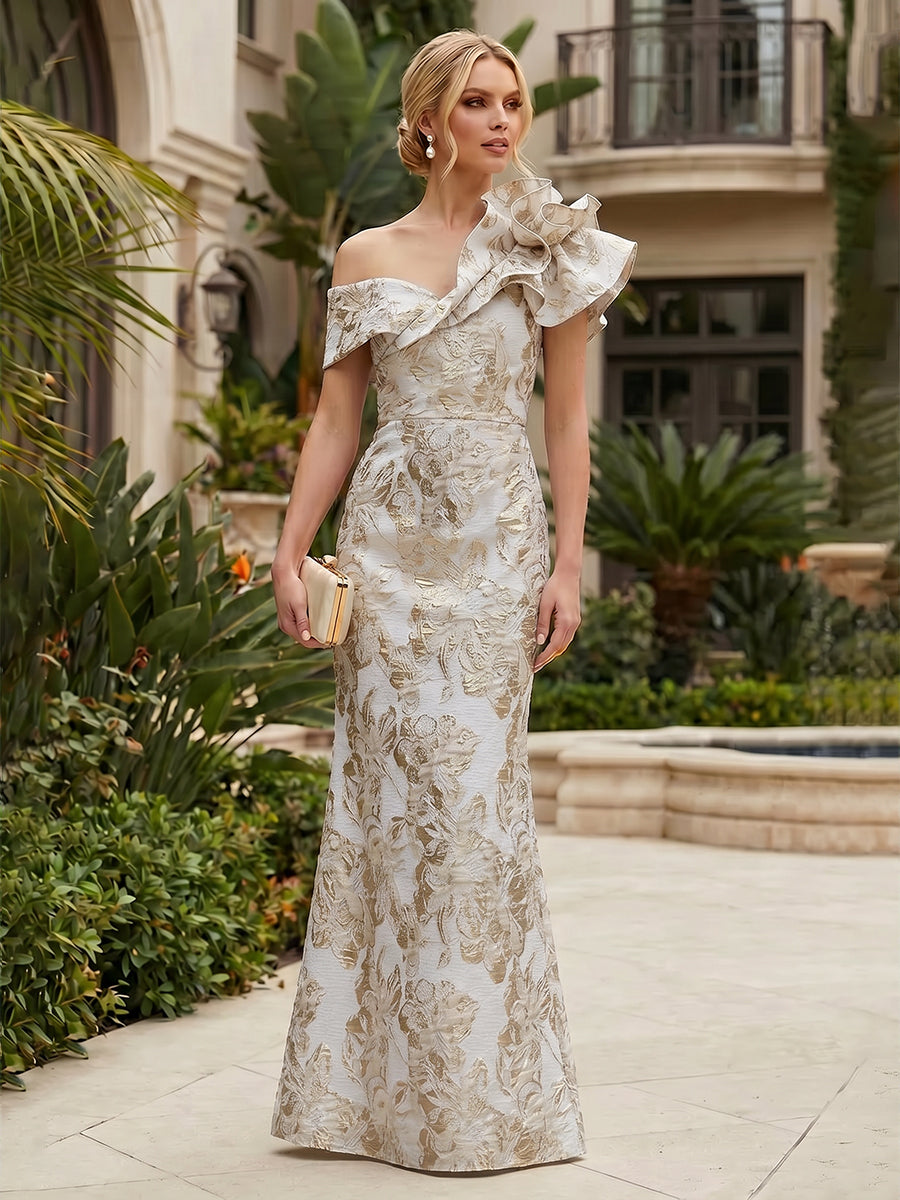 Sheath Floral Jacquard Off Shoulder Mother of the Bride & Groom Dresses with Flower (SHI22500777)