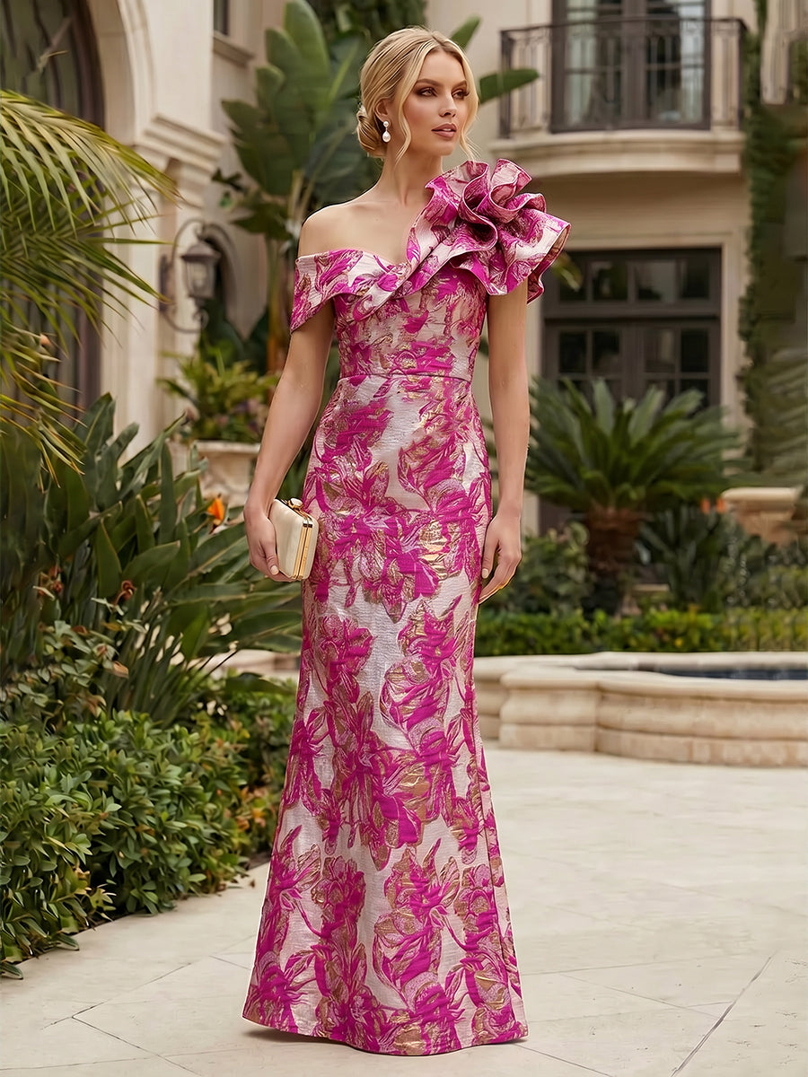 Sheath Floral Jacquard Off Shoulder Mother of the Bride & Groom Dresses with Flower (SHI22500777)