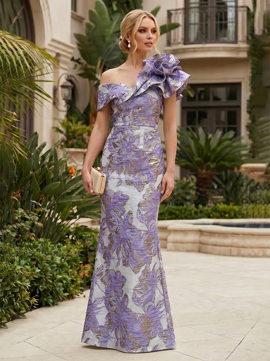 Sheath Floral Jacquard Off Shoulder Mother of the Bride & Groom Dresses with Flower (SHI22500777)