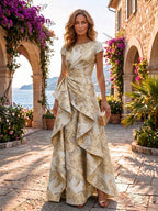 A Line V Neck Short Sleeve Sequined Elegant Mother of the Bride Dresses with Pleats (SHI22500199)