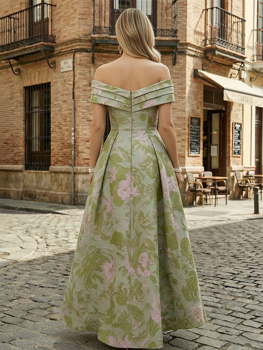 Jacquard A-Line/Princess Scoop Neck Floor-Length Mother of the Bride & Groom Dresses with Ruffles, Pleats & Pockets (SHI22501237)