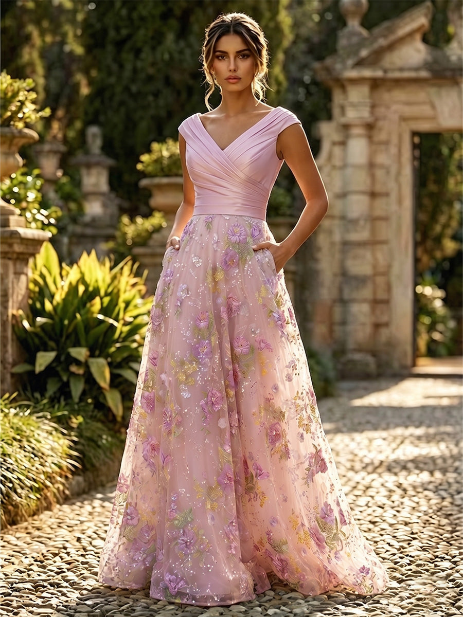 A-Line Floral Sequin Lace Floor-Length Mother of the Bride & Groom Dresses with Ruched Satin Bodice (SHI22500639)