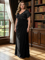 A Line/Princess Stand Collar Short Sleeve Long Elegant Mother of the Bride Dresses (SHI22500207)