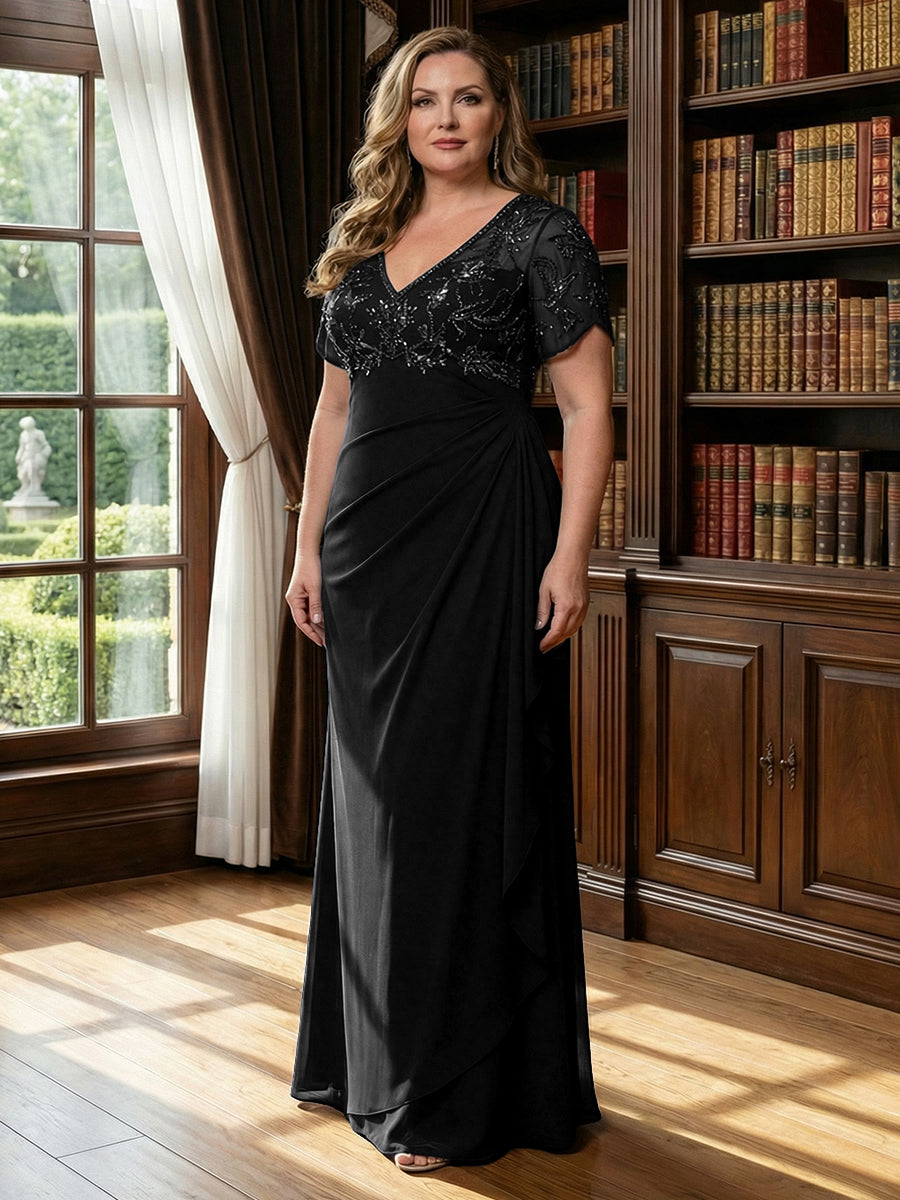 A Line/Princess Stand Collar Short Sleeve Long Elegant Mother of the Bride Dresses (SHI22500207)
