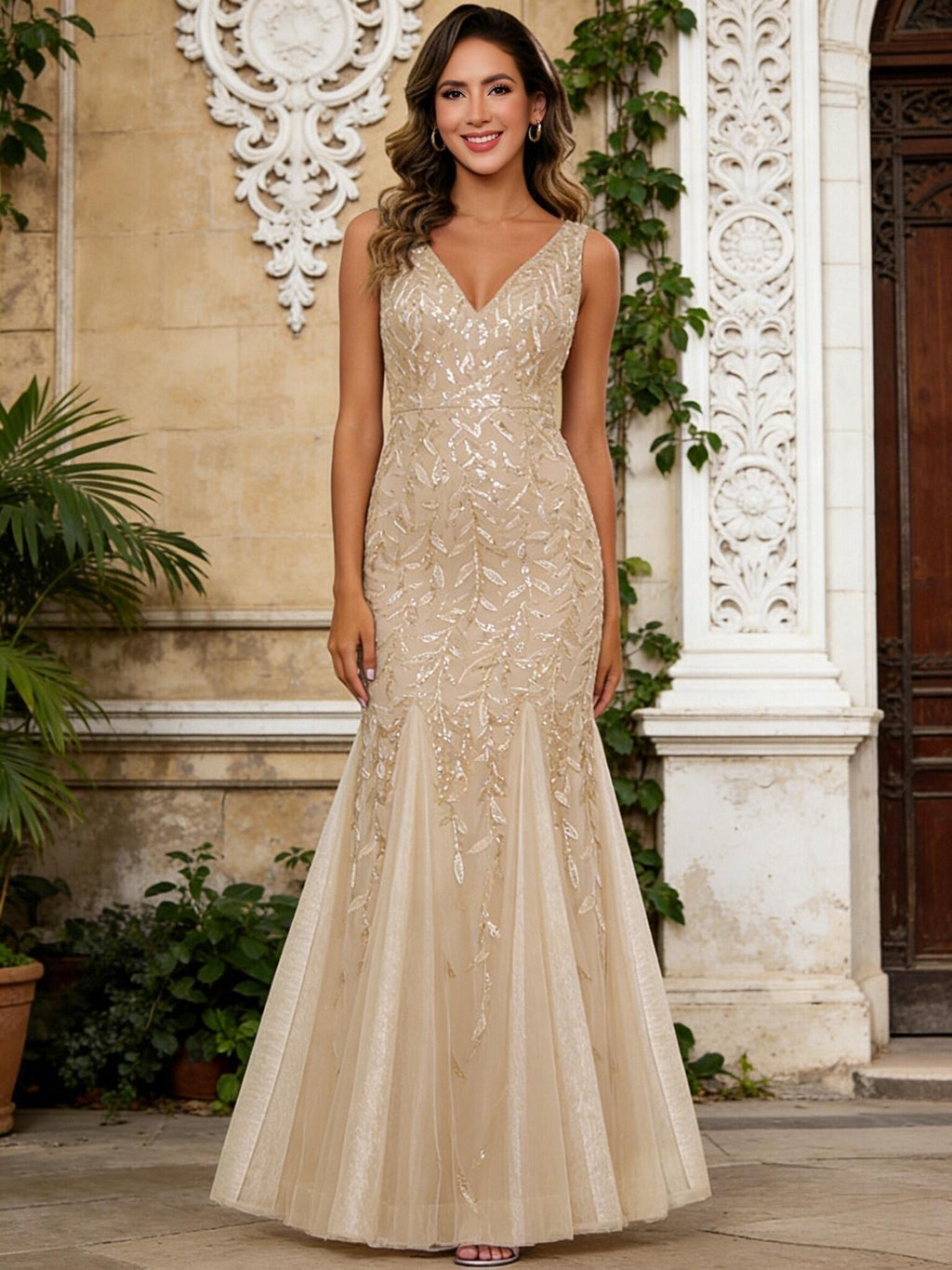 A-Line Chiffon Pleated Long Mother of the Bride & Groom Dresses with 3/4 Flutter Sleeves & Sequin Waist (SHI22500702)