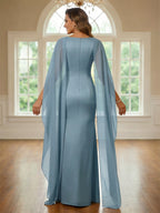 2-Piece A-Line Chiffon 3/4 Sleeves Mother of the Bride & Groom Dresses with Scalloped V-Neck Lace Bodice (SHI22500637)