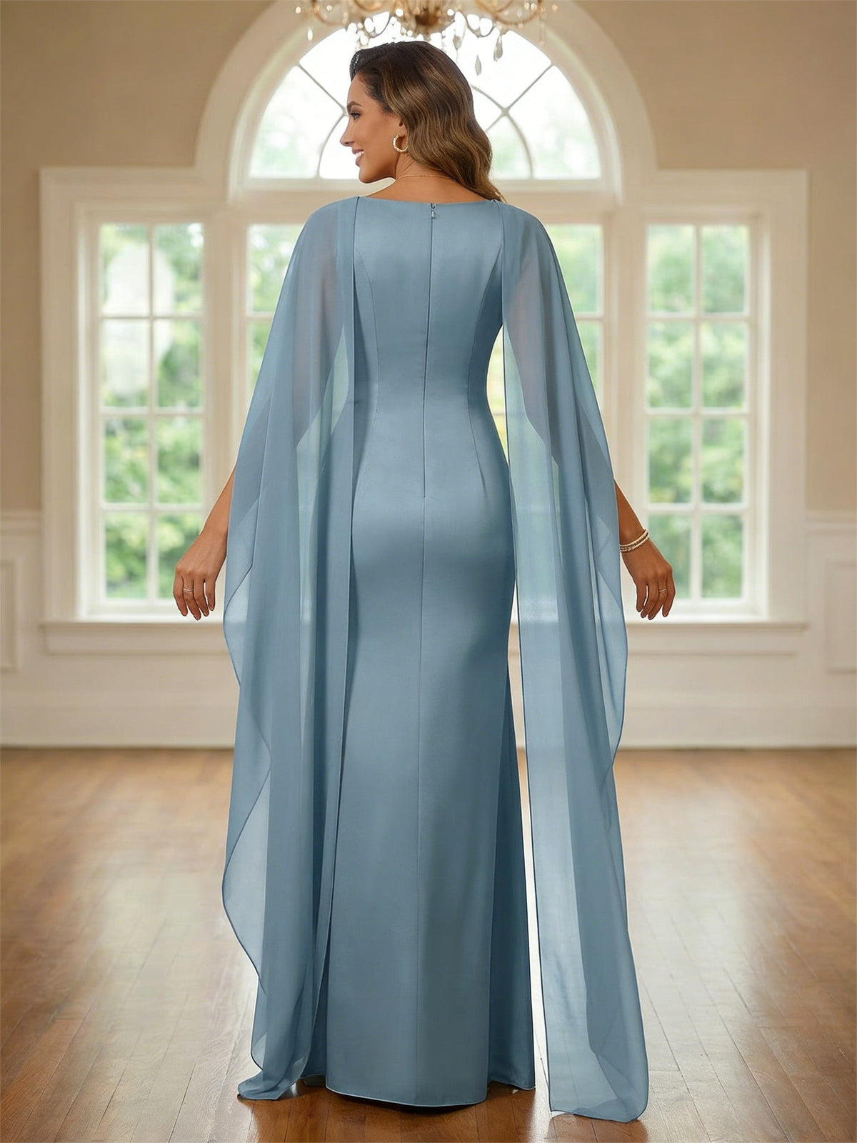 2-Piece A-Line Chiffon 3/4 Sleeves Mother of the Bride & Groom Dresses with Scalloped V-Neck Lace Bodice (SHI22500637)