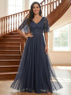 Mermaid Short Sleeve Floor Length Ruffled Mother of the Bride Dresses with Split Side (SHI22500250)