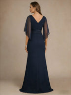 Sheath Satin 3/4 Sleeves Maxi Mother of the Bride & Groom Dresses with Chiffon Cape (SHI22500709)