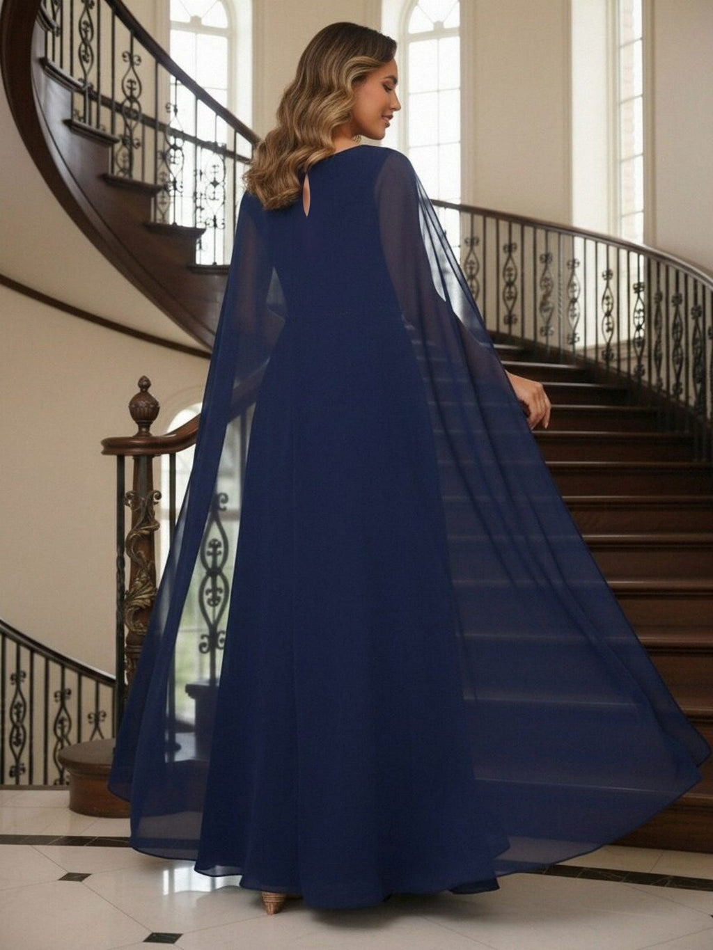 A-Line Chiffon Long Mother of the Bride & Groom Dresses with Cape Sleeves (SHI22500721)