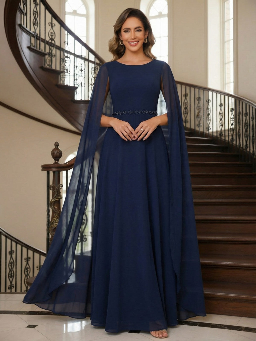 A-Line Chiffon Long Mother of the Bride & Groom Dresses with Cape Sleeves (SHI22500721)
