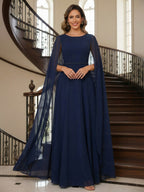A-Line Chiffon Long Mother of the Bride & Groom Dresses with Cape Sleeves (SHI22500721)