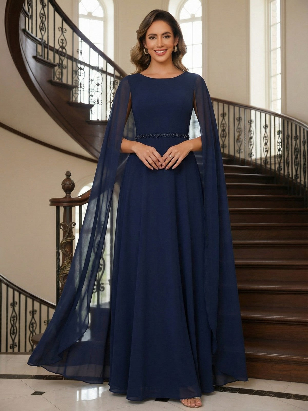A-Line Chiffon Long Mother of the Bride & Groom Dresses with Cape Sleeves (SHI22500721)
