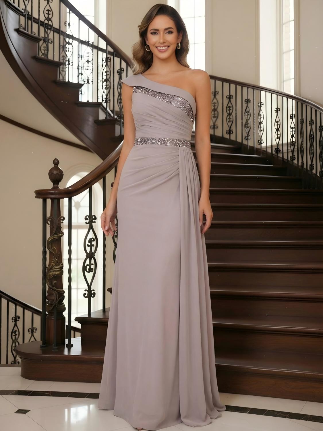 Chiffon A-Line/Princess One Shoulder Floor-Length Mother of the Bride & Groom Dresses with Ruffles & Ruched Waist (SHI22501248)