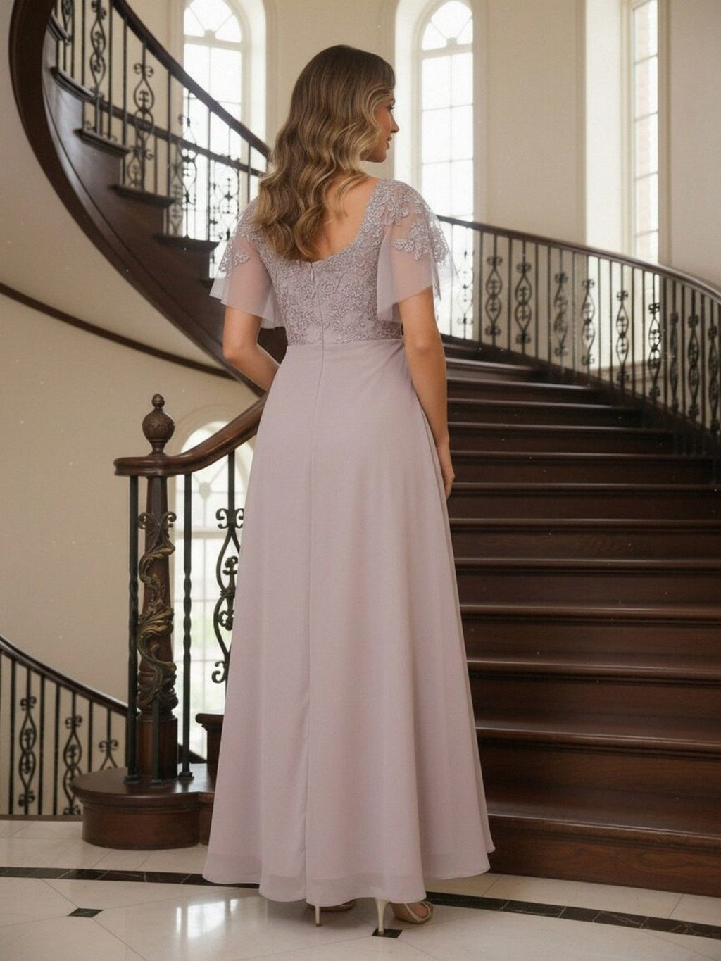 Mermaid Chic V Neck Long Flying Sleeve Floor-Length Mother of the Bride Dresses Party Gown with Flower (SHI22500229)