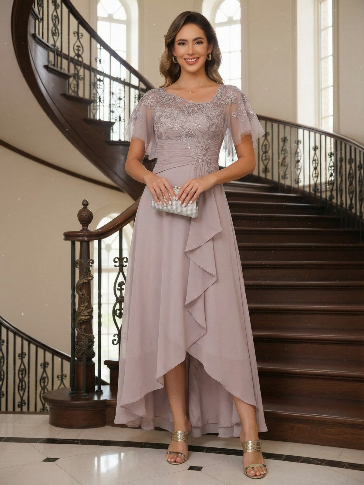 3/4 Sleeve Round Neck A-Line Midi Chiffon Mother of the Bride Dresses with Jacket (SHI22500386)