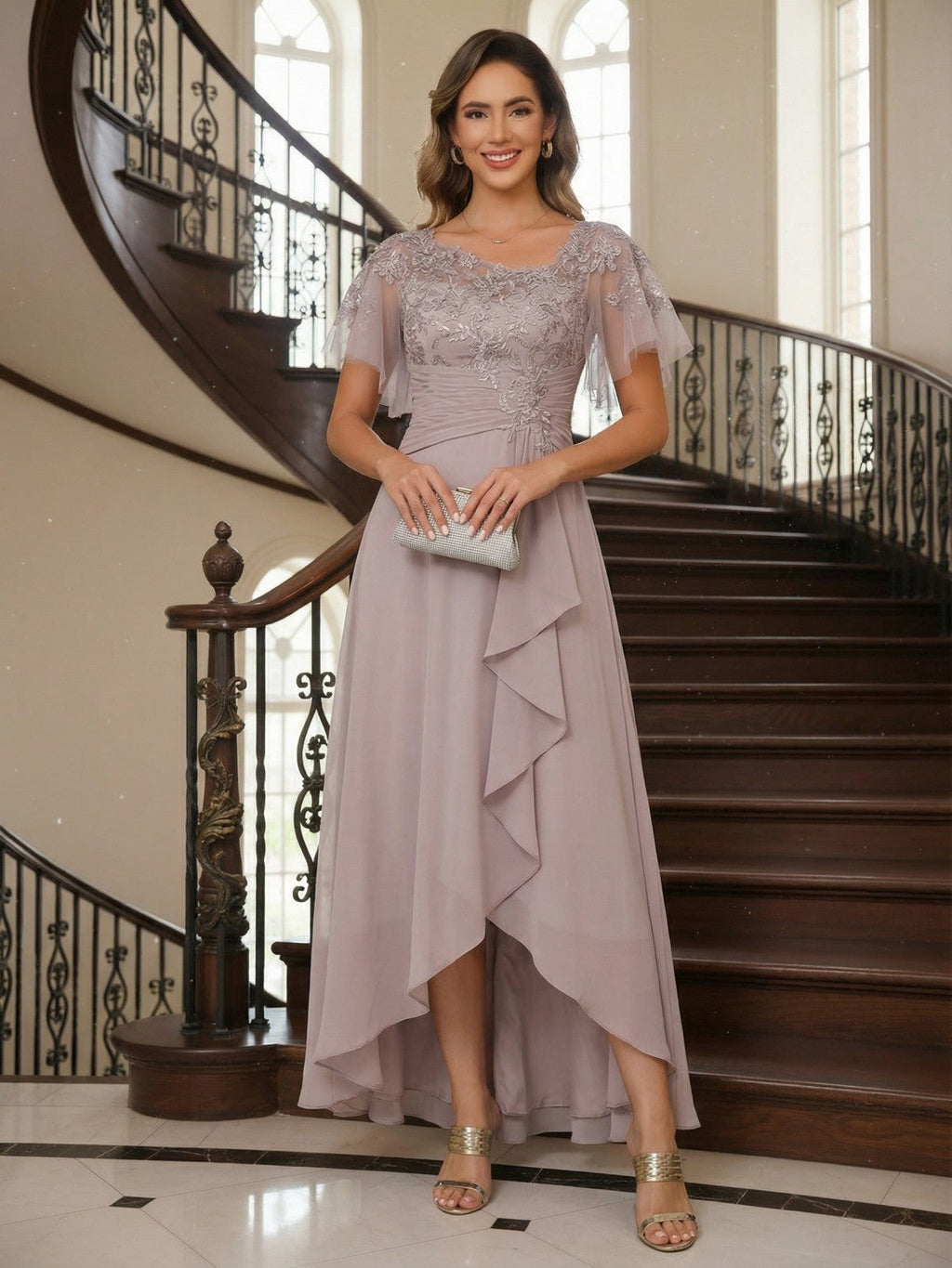 Mermaid Chic V Neck Long Flying Sleeve Floor-Length Mother of the Bride Dresses Party Gown with Flower (SHI22500229)