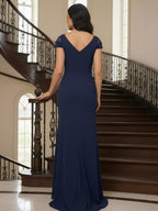 Satin Sheath/Column V-Neck Floor-Length Mother of the Bride & Groom Dresses with Ruffles (SHI22500838)