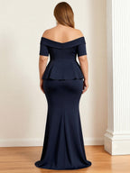 Satin Sheath Midi Mother of the Bride Dresses Asymmetrical Neck Formal Dress with Bow (SHI22500332)