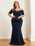 Satin Sheath Midi Mother of the Bride Dresses Asymmetrical Neck Formal Dress with Bow (SHI22500332)