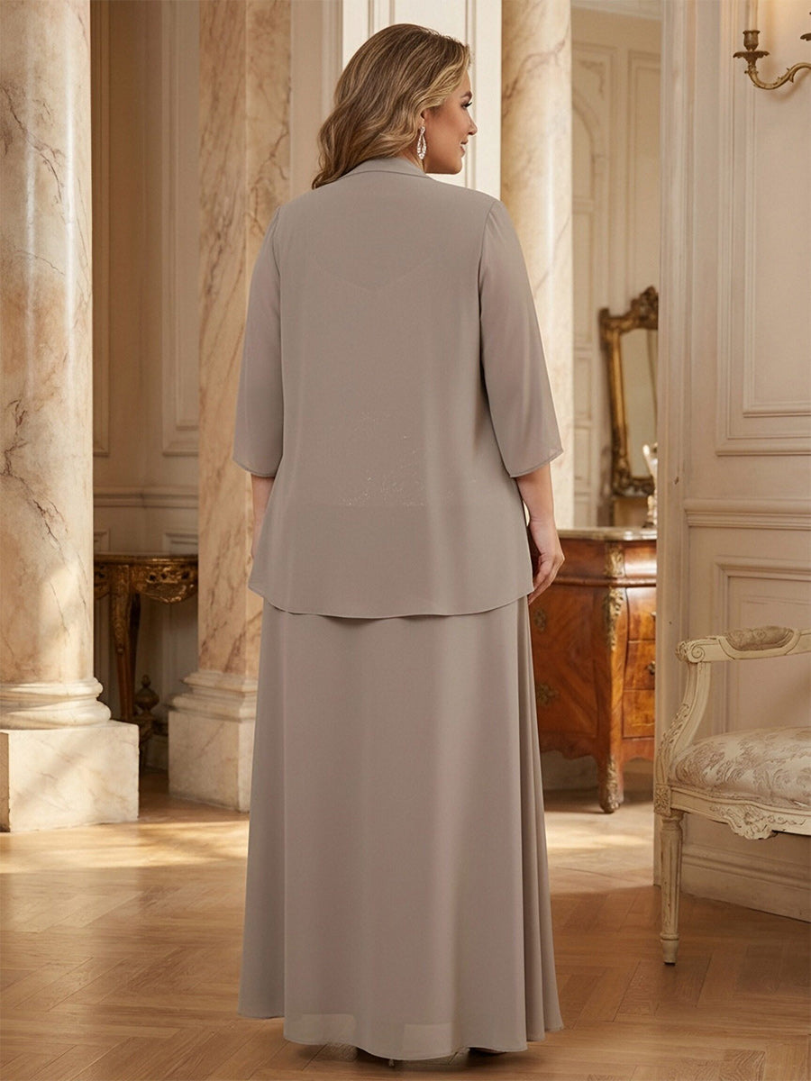 A-Line Chiffon Cape Sleeves Floor-Length Mother of the Bride & Groom Dresses with Rhinestones & Ruched Waist (SHI22500634)