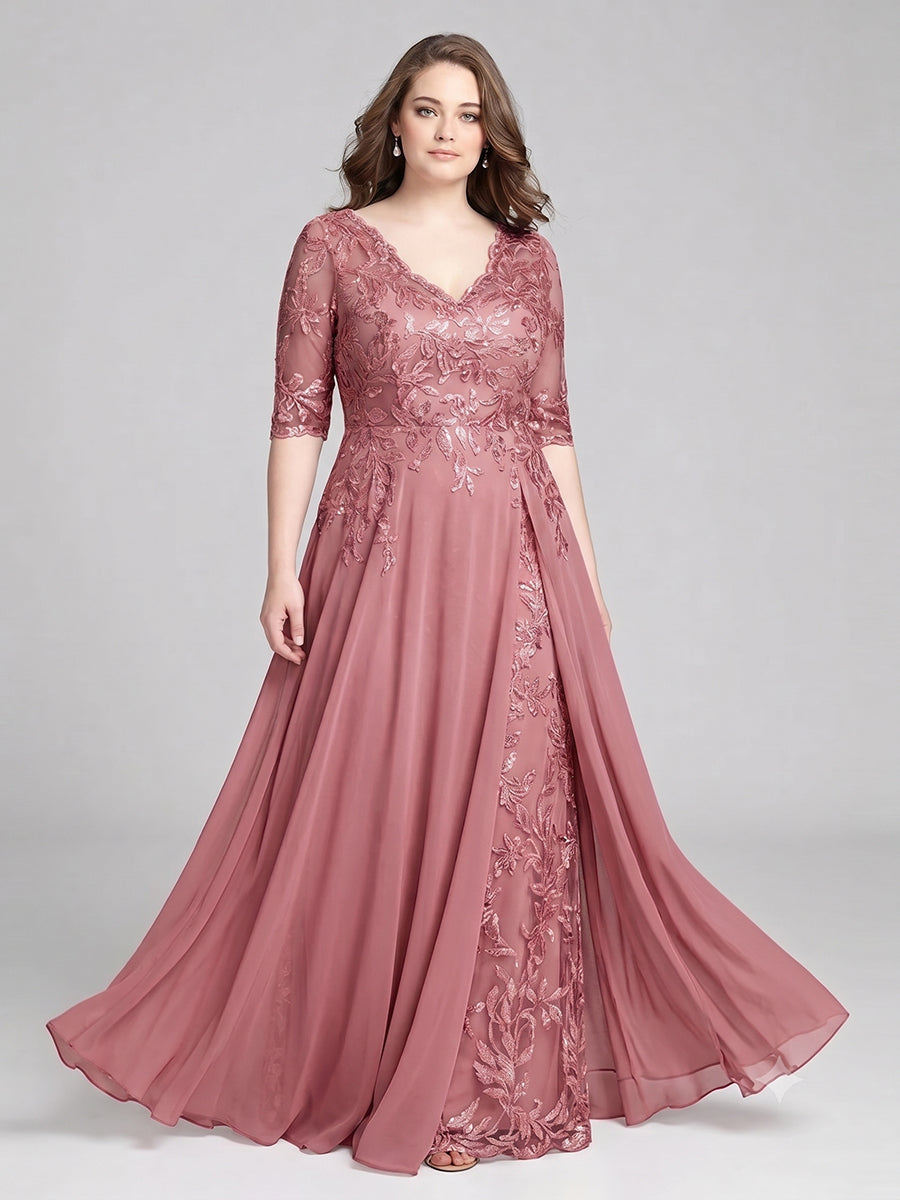 A-Line/Princess V-Neck Illusion Pleated Satin Floor-Length Mother of the Bride Dresses with Sequins (SHI22500150)