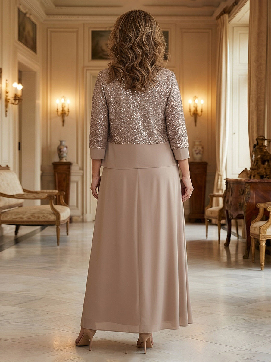 2-Piece A-Line Chiffon 3/4 Sleeves Mother of the Bride & Groom Dresses with Scalloped V-Neck Lace Bodice (SHI22500637)